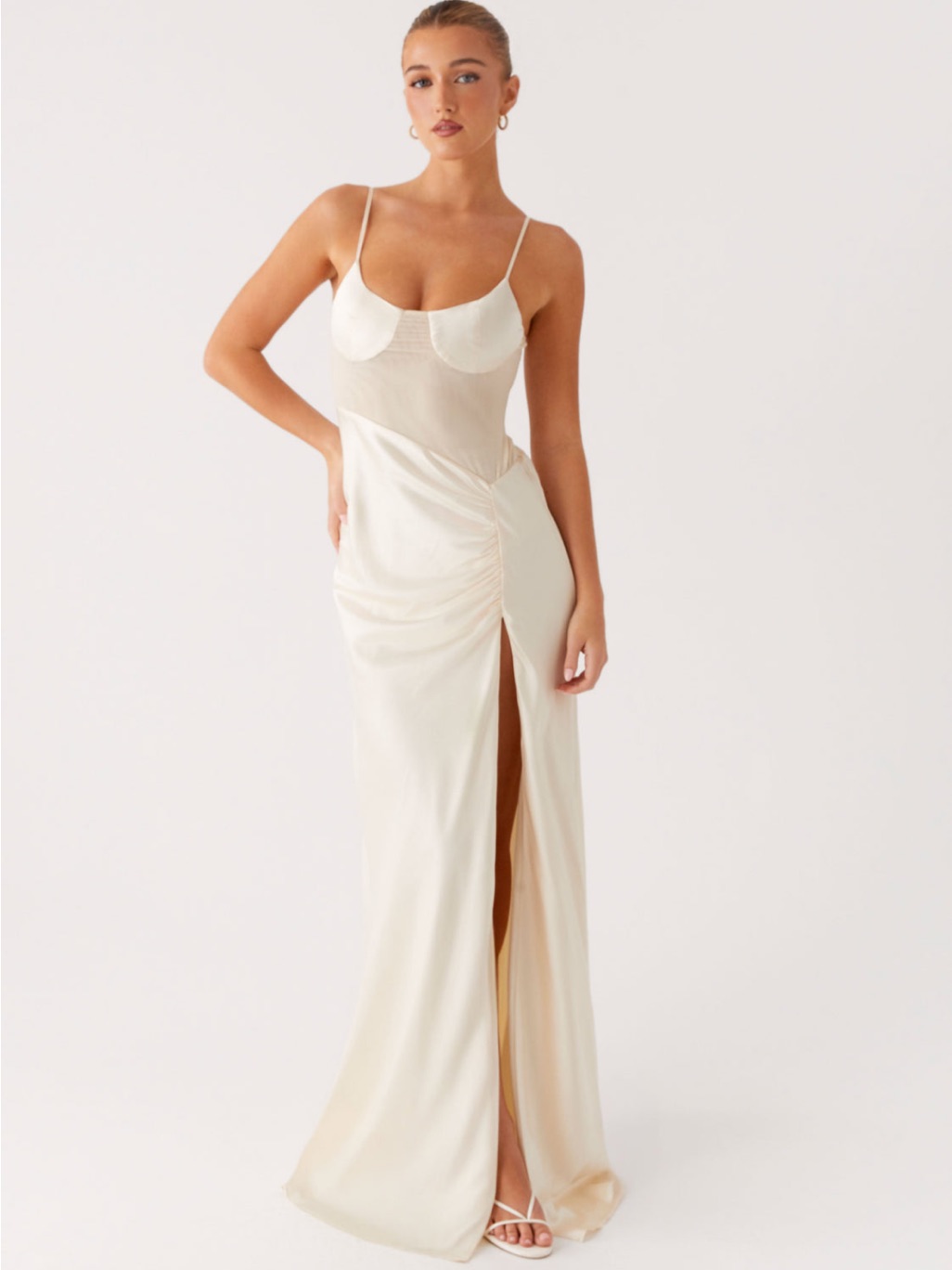 Peppermayo Cream Satin Slip Dress With Cup Detail And High Slit